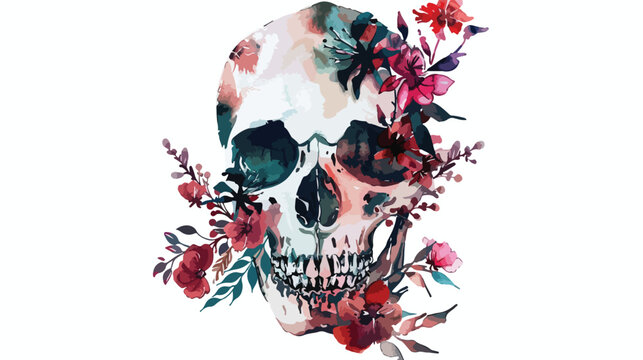 Watercolor Gothic Floral Skull Flat vector isolated o