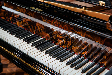 A piano’s polished wood and keys are captured, showcasing its design and musical artistry...