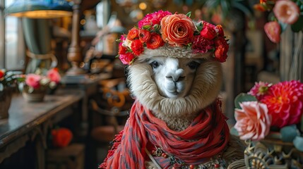 A serene alpaca prince holding a bouquet lost in thought by a cafes antique bookshelf the quiet elegance - obrazy, fototapety, plakaty