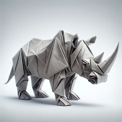 An origami rhinoceros crafted from textured grey paper, showcased on a white background
