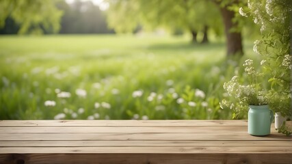 Lovely background of a springtime, verdant meadow with a vacant wooden table for displaying products