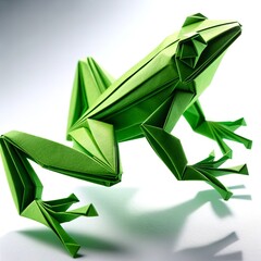 An origami frog crafted from vibrant green paper, positioned in a leaping stance on a white background.