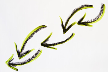 Bright neon, green and black arrows like a pigtail hand-drawn on a white background. The concept of movement, change, and achievements in business
