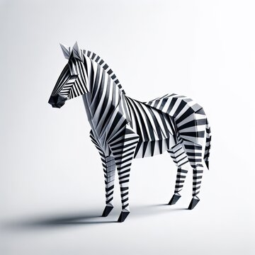 An origami zebra crafted from black and white striped paper, standing on a white background.