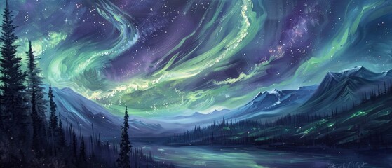 An oil color landscape of the aurora borealis with luminous greens and purples swirling in the night sky - obrazy, fototapety, plakaty