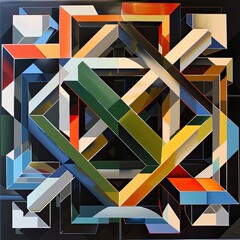 A series of geometric shapes painted with oil colors creating a 3D illusion on a flat canvas