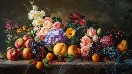 A still life painting of luminous fruits and flowers showcasing the glossy finish of oil paints - obrazy, fototapety, plakaty