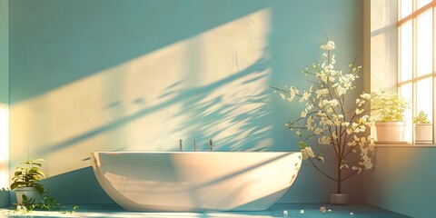 Sunlit Bathroom Retreat with Ceramic Bathtub and Lush Greenery - obrazy, fototapety, plakaty