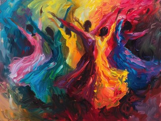 An energetic oil painting of dancers in motion with flowing dresses rendered in bright