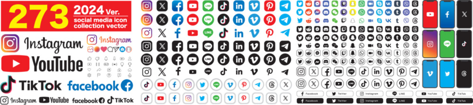 Social media icons. X, Twitter, Youtube, Facebook, Instagram, Pinterest, Vimeo, Skype, Viber, TikTok, Linkedin, Telegram. vector