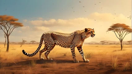 Foto op Aluminium Cheetah hunting in a savanna, digital artwork © Ashan