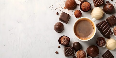 Assortment of Gourmet Chocolates Complementing a Fresh Cup of Coffee Inviting Indulgence and Pleasure