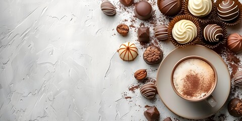 Assortment of Gourmet Chocolates Served with a Cup of Coffee on a Marble Backdrop with Ample Copy Space for Design or Text