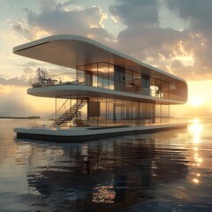 Floating architecture construction on water, innovative design, sunset