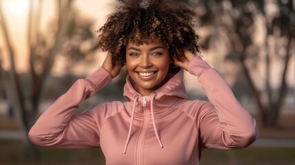 Pretty joyful african american woman with curly hair wearing pink sports suit doing workout routine outdoors at city park, smiling looking at camera. - obrazy, fototapety, plakaty