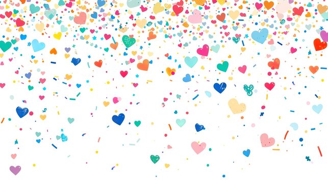 illustration for a birthday card with small colourful hearts on white background