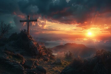 A religious blog header capturing the dawn of Easter at Golgotha - obrazy, fototapety, plakaty