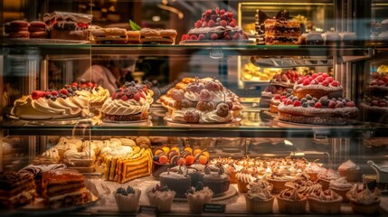 Sweet pastries with berries. Showcase in a candy store. Glass stand with cake eclairs and tartlets. refrigerator shelves with sweets. Confectioner's work space.