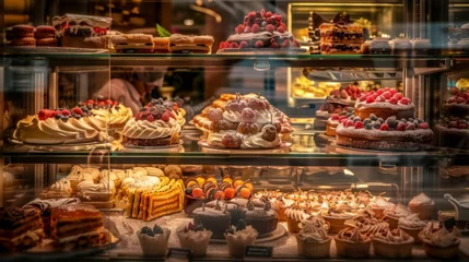 Foto op Plexiglas Sweet pastries with berries. Showcase in a candy store. Glass stand with cake eclairs and tartlets. refrigerator shelves with sweets. Confectioner's work space. © JovialFox