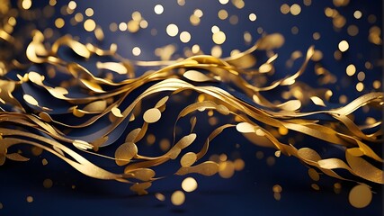 background with stars Elegant swirling gold backdrop in an abstract style with gold particles. December Bokeh of golden light particles on a navy blue background. Texture of gold foil. Weekend - obrazy, fototapety, plakaty