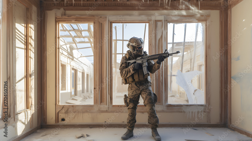 Sticker soldier holding a machine gun near the window