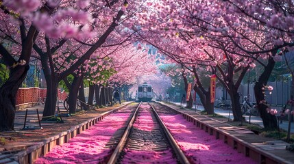 Cherry blossom with train in spring in Korea is the popular cherry blossom viewing spot, jinhae South Korea. - obrazy, fototapety, plakaty