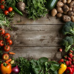 Assortment of fresh vegetables and fruits on rustic wooden background from above.