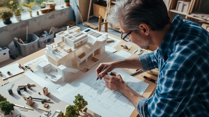 Concentrated architect constructing a detailed model house in office.