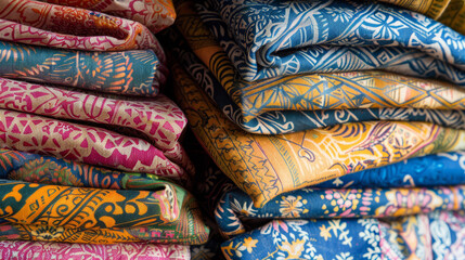 A close-up image featuring a neatly arranged stack of textiles with a contrast of warm and cool colors and patterns