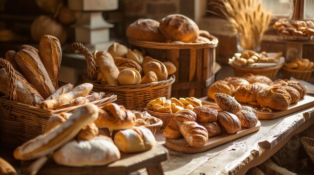 A rustic display of various freshly baked artisanal bread in a bakery.