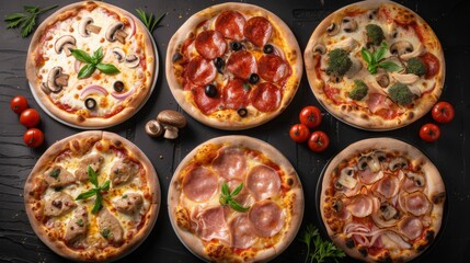 Fototapeta na wymiar Top view A set of six different delicious fresh pizzas with pepperoni, cheese, chicken and mushrooms, bacon on a black stone background. Italian food, Cafe and restaurant, pizzeria concepts.