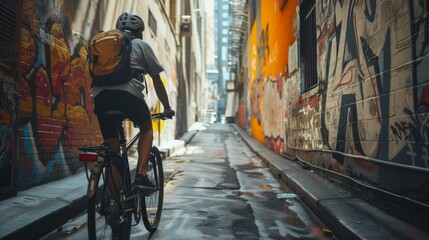 Cyclist riding bike down an urban alley adorned with vibrant graffiti.