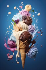 Splashing ice cream sauce and ice cream ball in one ice cream waffle cone. Blue background.