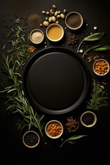 Black empty plate along side with herbs and spices. Back background.