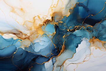 Alcohol ink art technique. Natural luxury abstract fluid art painting. Tender and dreamy wallpaper. Mixture of colors creating transparent waves and golden swirls. For posters, wall art, other printed