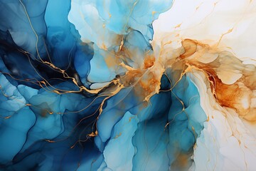 Natural luxury abstract fluid art painting in alcohol ink technique. Tender and dreamy wallpaper. Mixture of colors creating transparent waves and golden swirls. For posters, wall art, other printed m