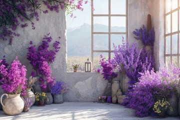 Lavender decor in a sunlit rustic interior