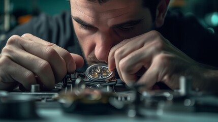 Close-up of a skilled watchmaker meticulously repairing a complex mechanical watch.