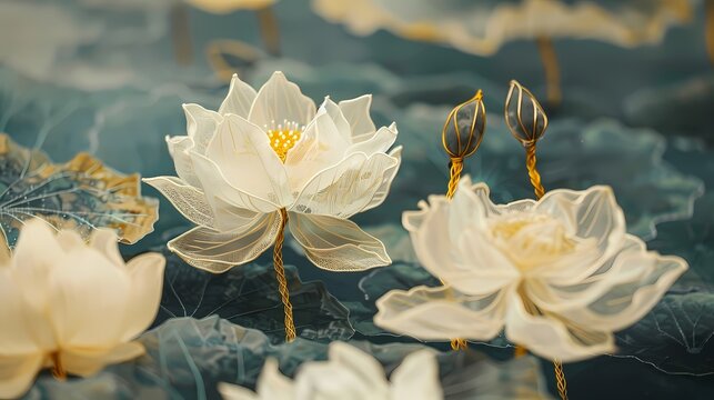 Watercolor embroidery blue gold lotus illustration poster background