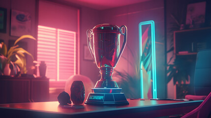 the trophy sits on a table in the middle of a room with neon lights - obrazy, fototapety, plakaty