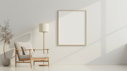 A vertical blank wooden frame hanging on the wall of an empty room with a modern armchair and lamp, on a white background, with soft studio lighting, with high resolution photography