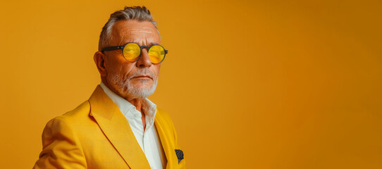 A man in a yellow suit is standing in front of a blue wall. The man is wearing a tie and has a beard. Colorful studio portrait of a rich and mature man wearing elegant clothes. vibrant and minimalist