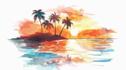Watercolor Tropical Sunset Flat vector isolated on white - obrazy, fototapety, plakaty