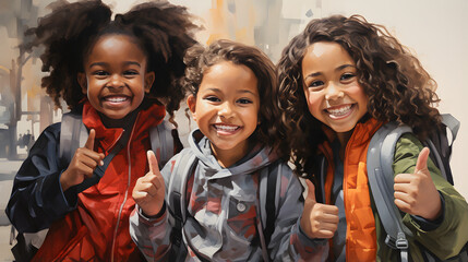 three young girls giving thumbs up with their backpacks - obrazy, fototapety, plakaty