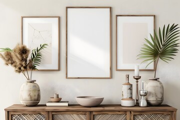 Boho Chic 3D Rendered Wall Art Frame Mockup with Minimalist Plant Decor in Cozy and Stylish Interior Setting