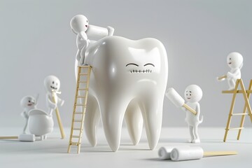 Cartoonish Dental Hygiene Scene with Monsters Painting a Gigantic Tooth in a Clean Studio