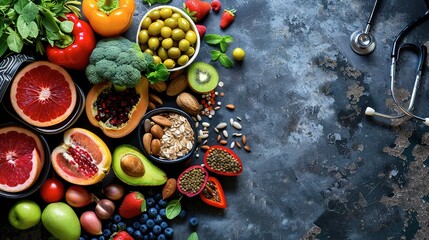 Nutrition and Diet: Foods and diets that are heart-healthy, showcasing fruits, vegetables, and other beneficial items. 