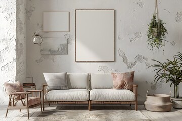 Elegant Boho Inspired Interior Mockup with Wall Art Frame and Minimalist Home Decor description:This image showcases an elegantly designed interior