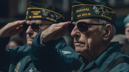 veterans saluting during a parade - obrazy, fototapety, plakaty