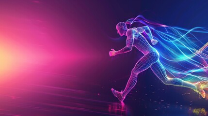 Fototapeta na wymiar Runner athlete with wireframe colorful neon line background